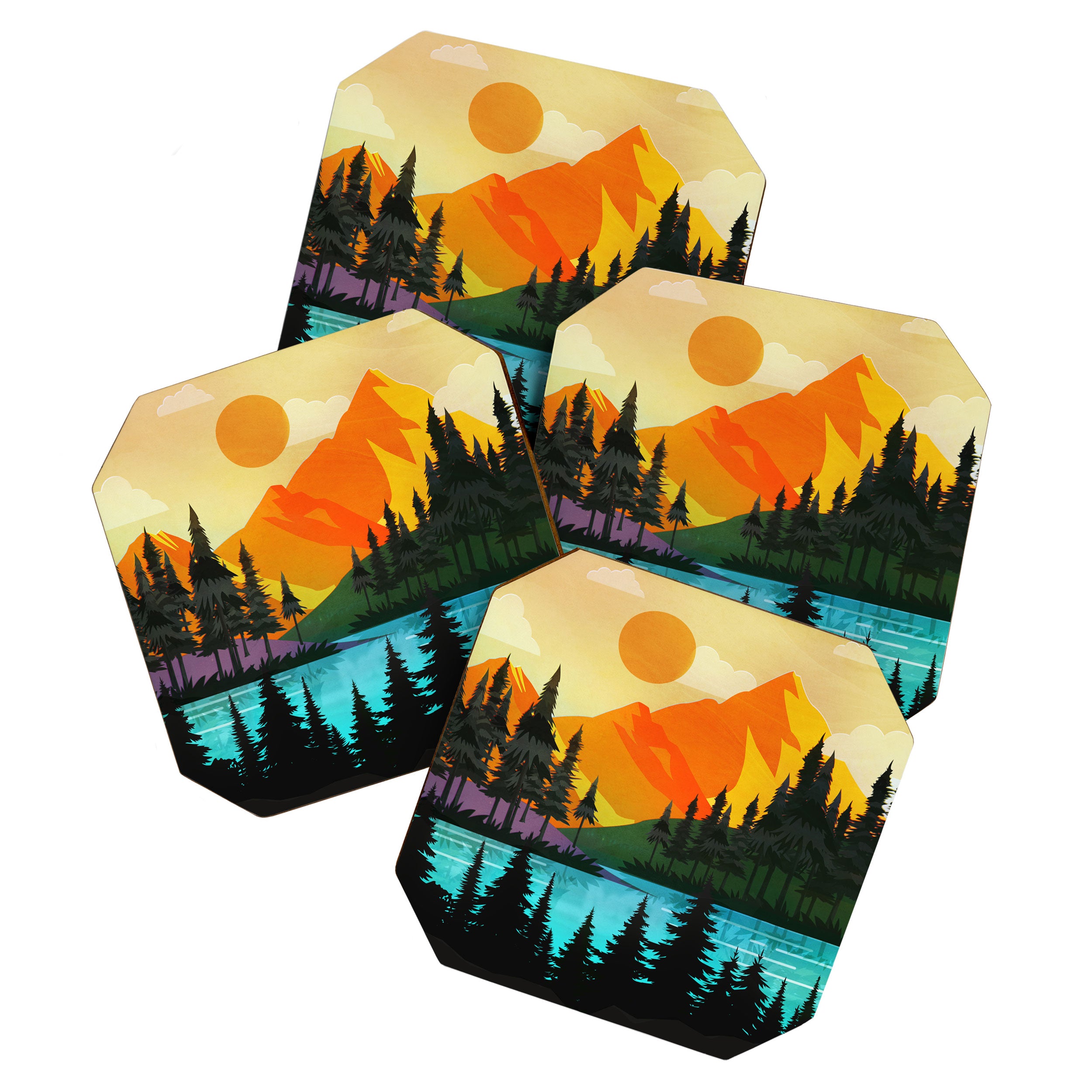 Colorful sunset near the peaceful forest lake Coaster Gallery Image 1