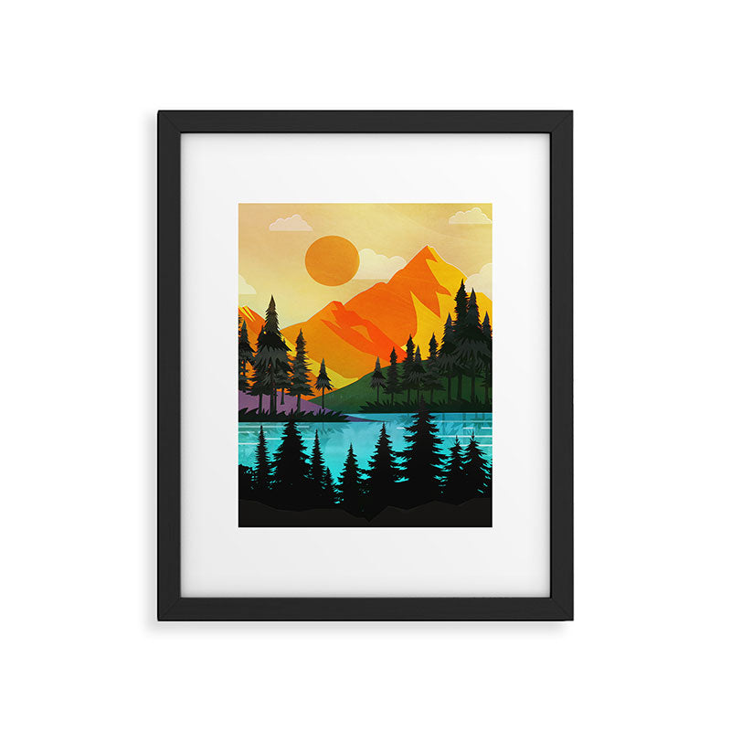 Colorful sunset near the peaceful forest lake Framed Art Print Gallery Image 4