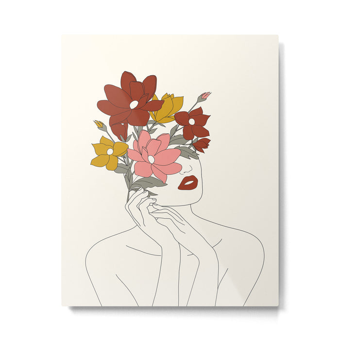 Colorful Thoughts Minimal Line Art Woman with Magnolia Metal Print Gallery Image 1