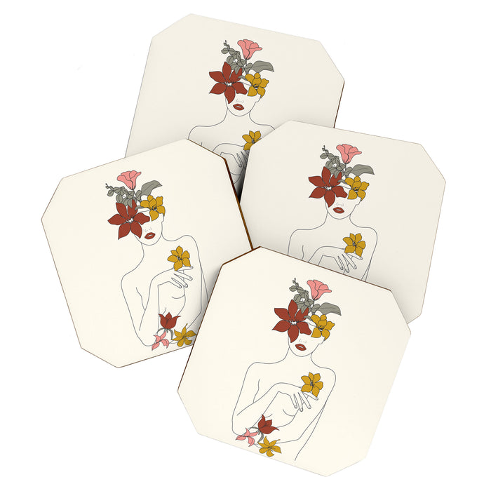 Colorful Thoughts Minimal Line Art Woman with Flowers IV  Coaster Gallery Image 1