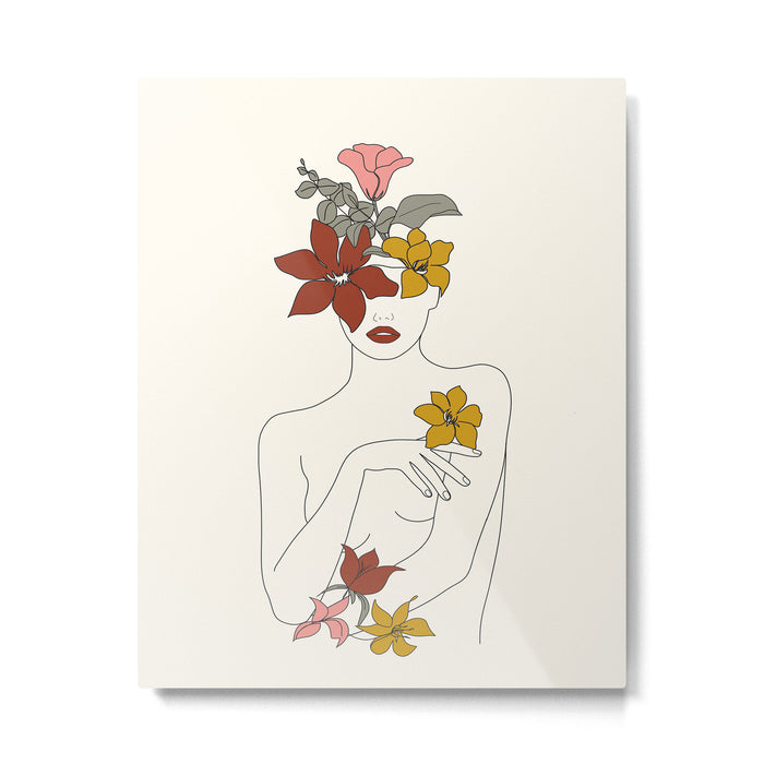 Colorful Thoughts Minimal Line Art Woman with Flowers IV  Metal Print Gallery Image 1