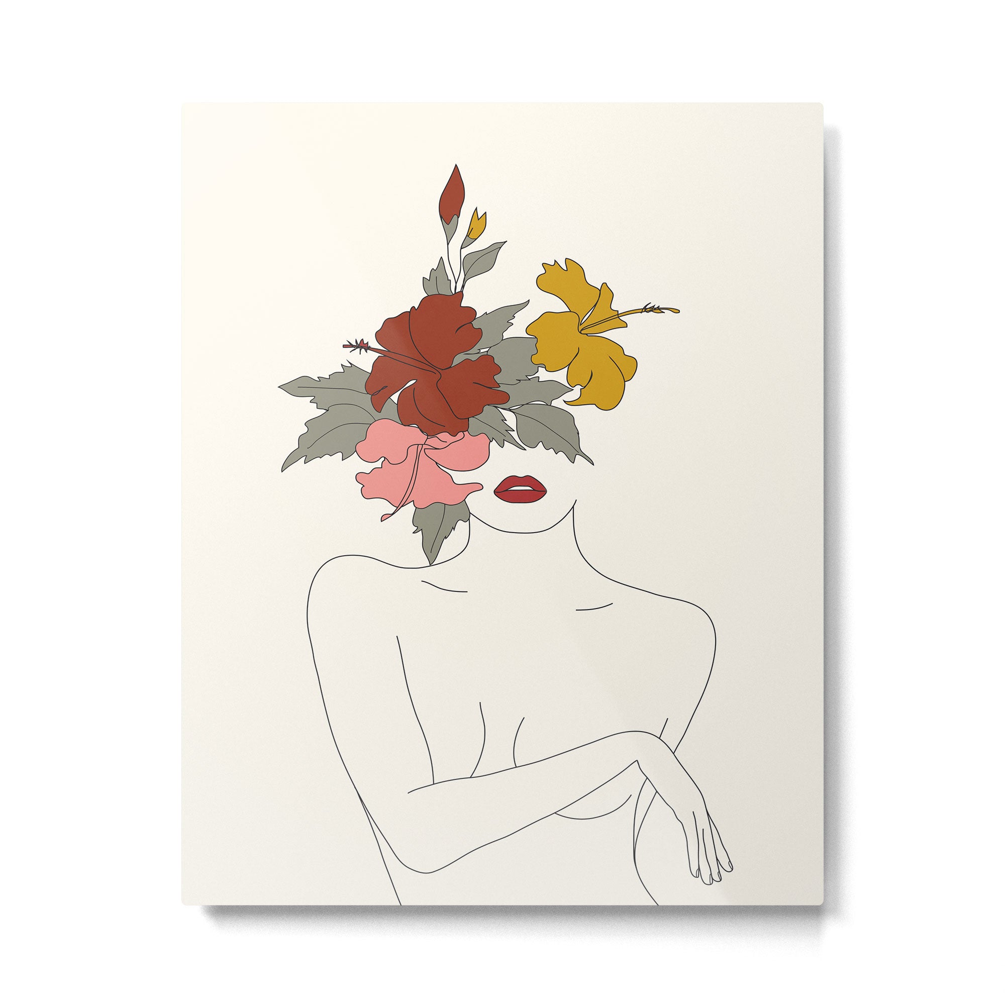 Colorful Thoughts Minimal Line Art Woman with Hibiscus Metal Print Gallery Image 4