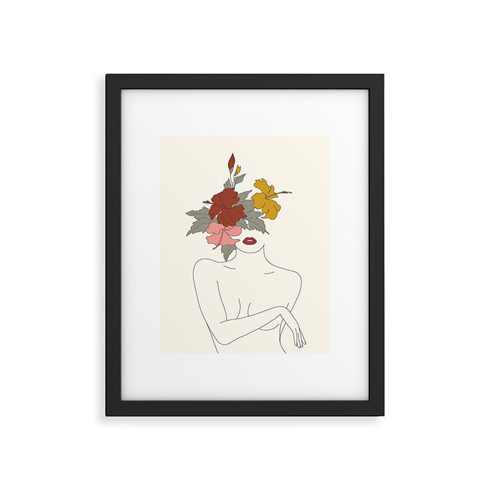 Colorful Thoughts Minimal Line Art Woman with Hibiscus Framed Art Print Gallery Image 1