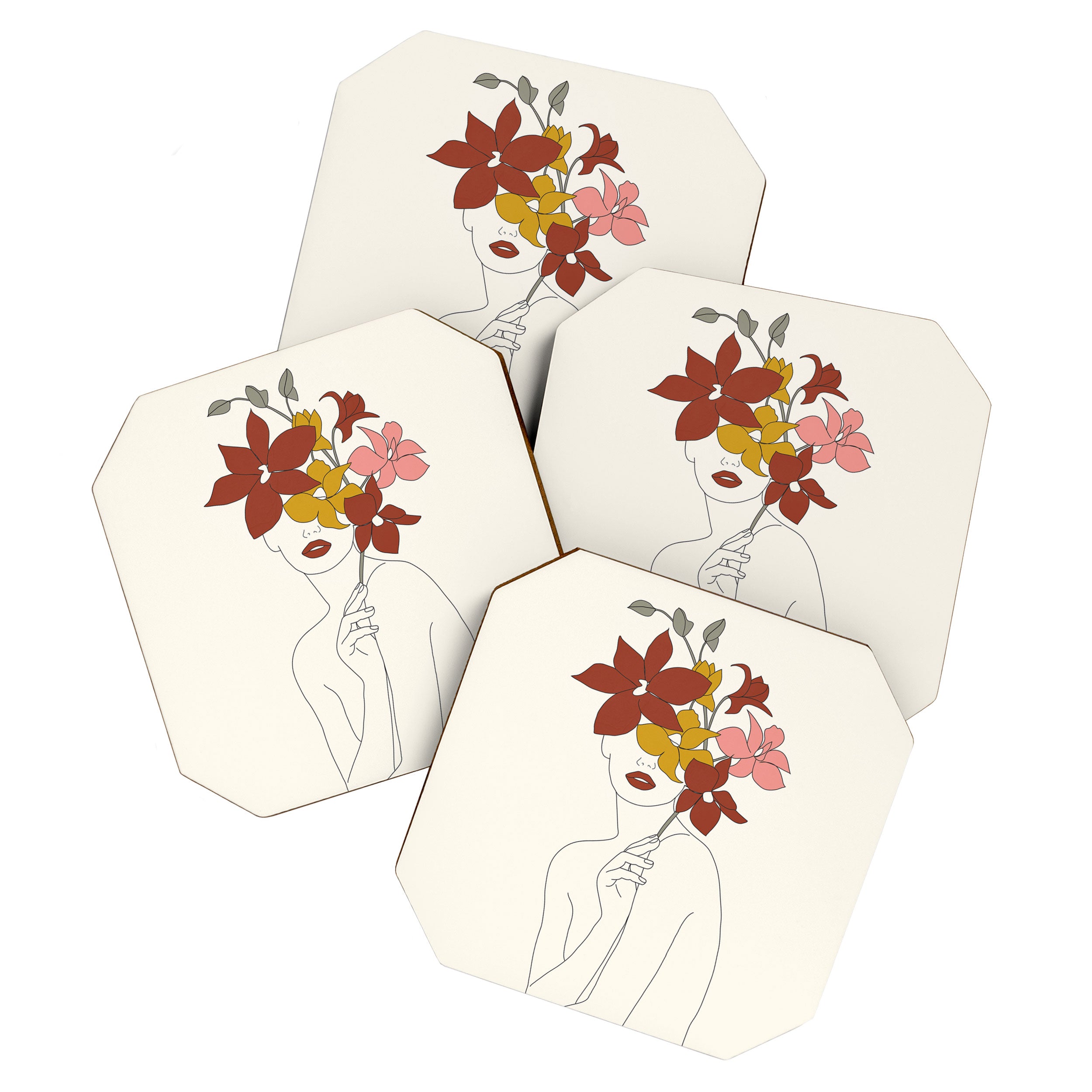 Colorful Thoughts Minimal Line Art Woman with Orchids Coaster Gallery Image 1
