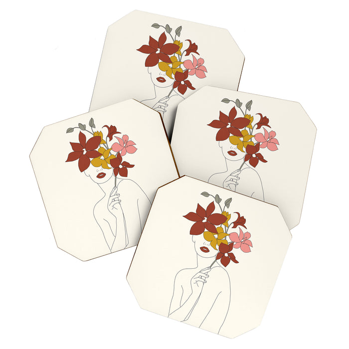 Colorful Thoughts Minimal Line Art Woman with Orchids Coaster Gallery Image 1