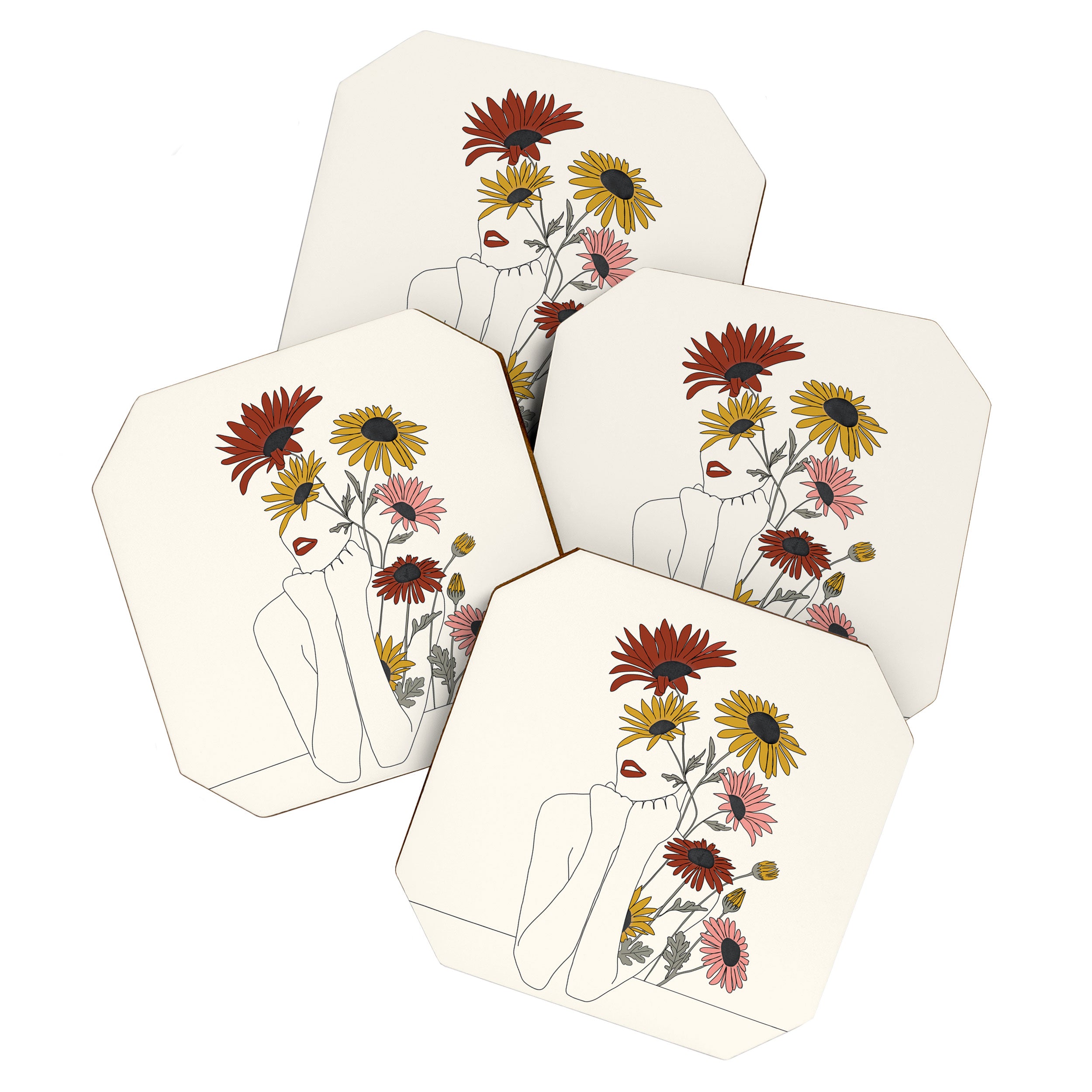 Colorful Thoughts Minimal Line Girl with Sunflowers Coaster Gallery Image 1