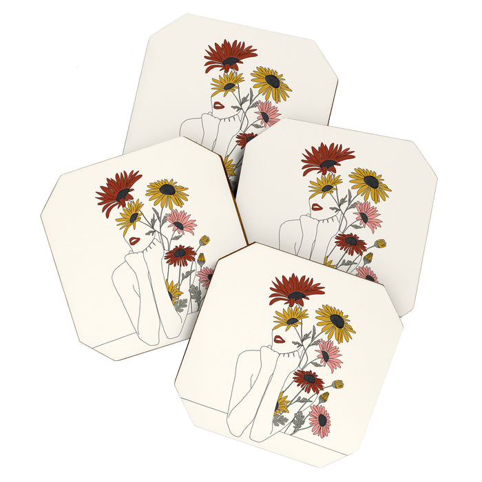 Colorful Thoughts Minimal Line Girl with Sunflowers Coaster Gallery Image 1