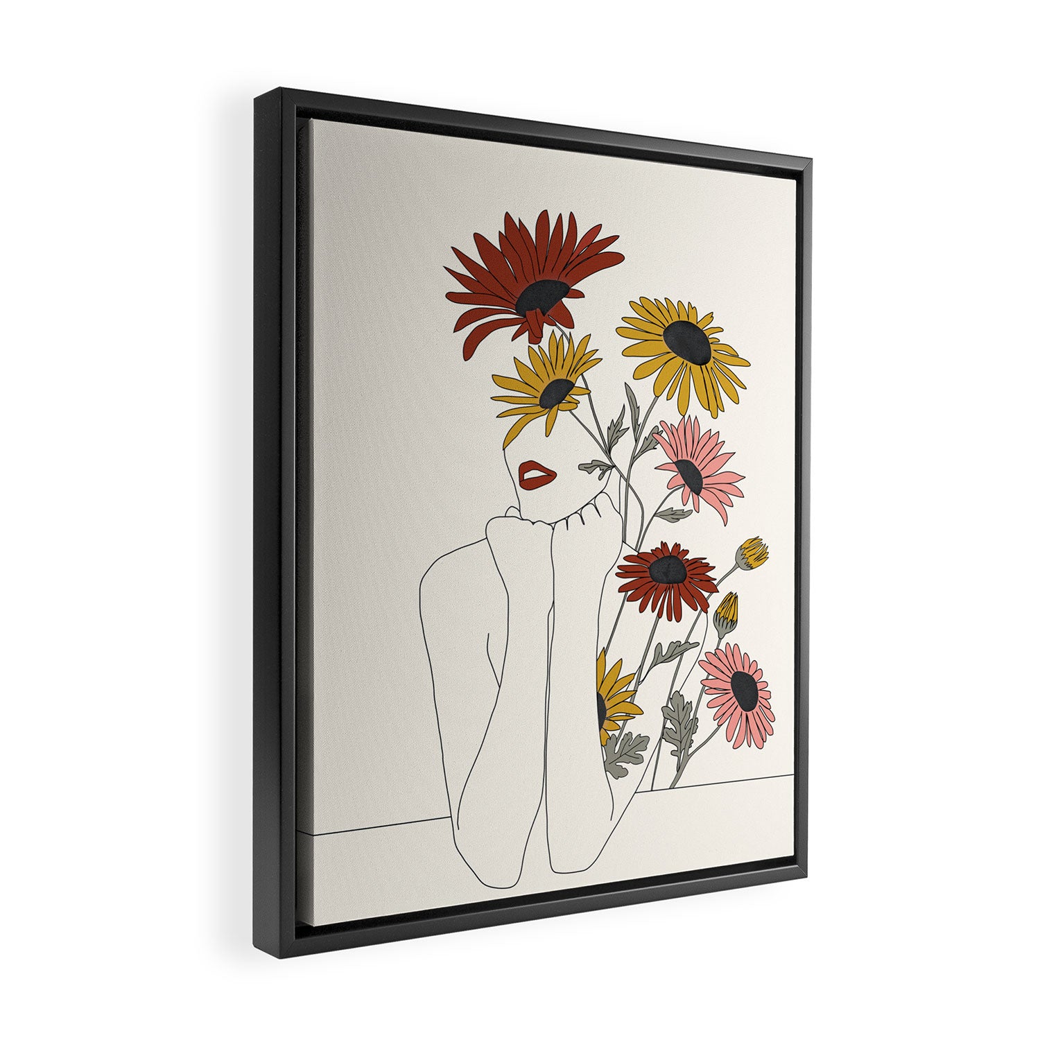 Colorful Thoughts Minimal Line Girl with Sunflowers Framed Canvas Print Gallery Image 2