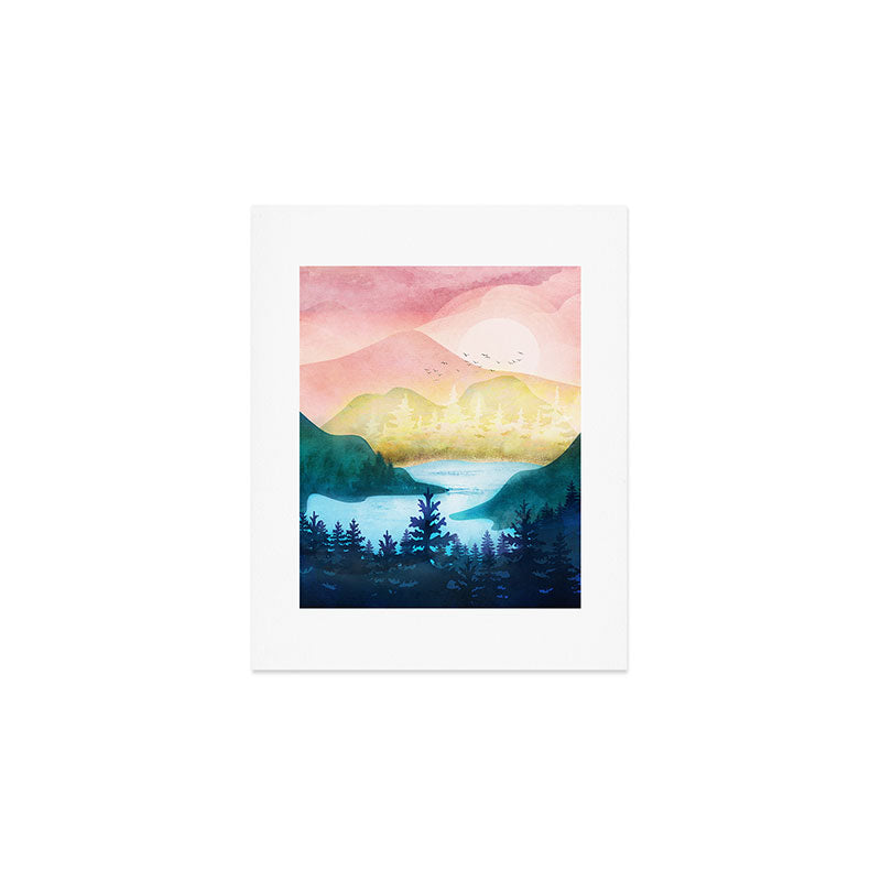 Lake beneath the towering hills Art Print Gallery Image 1