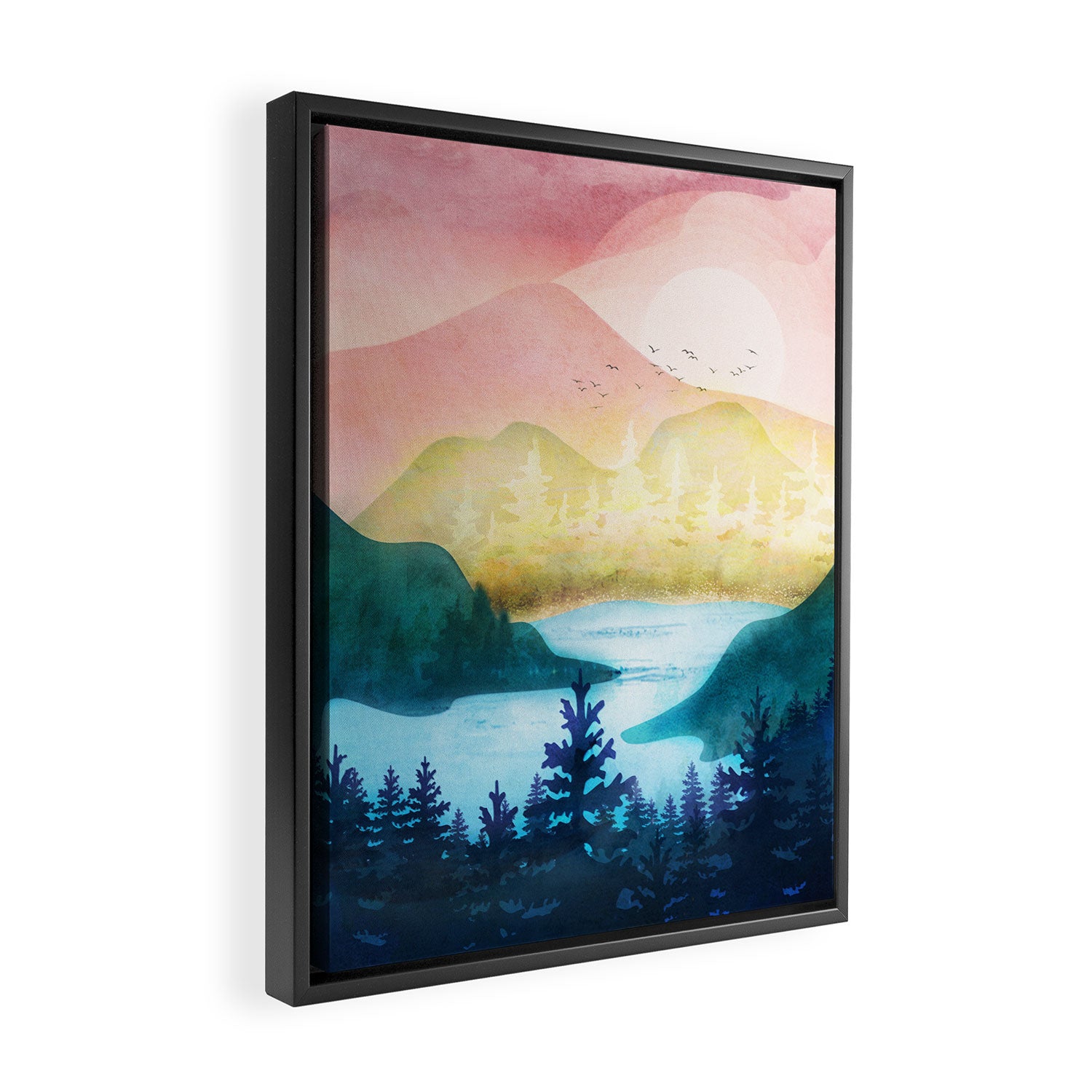 Lake beneath the towering hills Framed Canvas Print Gallery Image 2