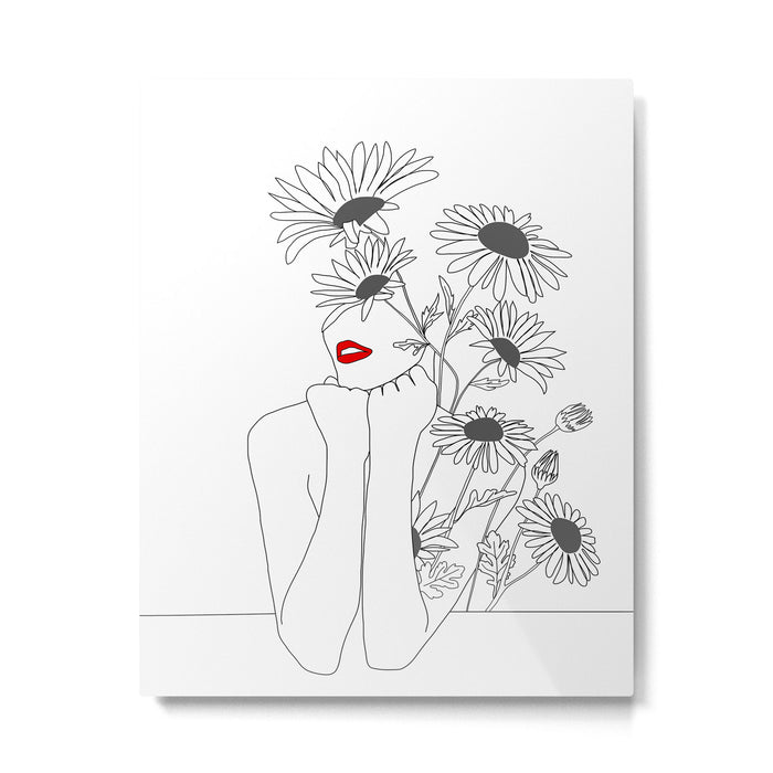 Minimal Line Art Girl with Sunflowers Metal Print Gallery Image 1
