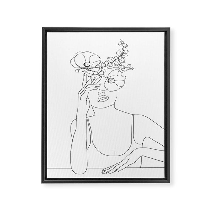 Minimal Line Art Woman with Flowers II Framed Canvas Print Gallery Image 1