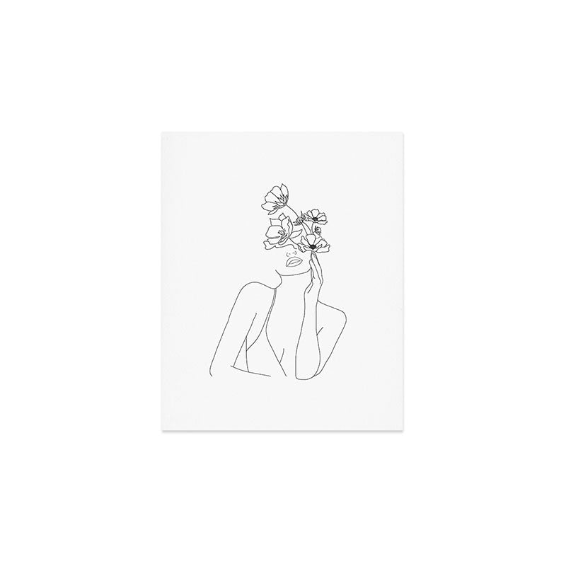 Minimal Line Art Woman with Flowers Art Print Gallery Image 1