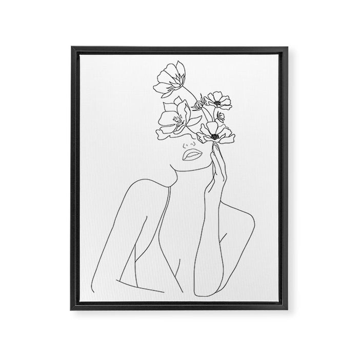 Minimal Line Art Woman with Flowers Framed Canvas Print Gallery Image 1