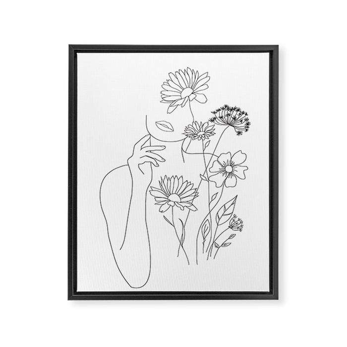 Minimal Line Art Woman with Flowers III Framed Canvas Print Gallery Image 1