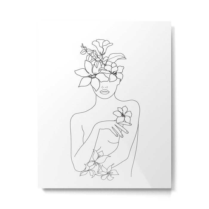 Minimal Line Art Woman with Flowers IV Metal Print Gallery Image 1