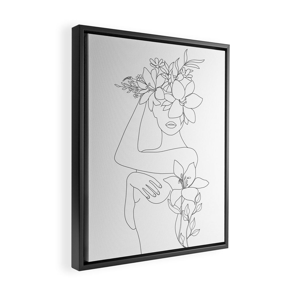 Minimal Line Art Woman with Flowers VI Framed Canvas Print Gallery Image 2