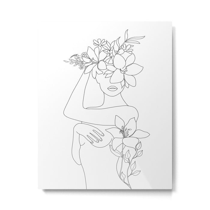 Minimal Line Art Woman with Flowers VI Metal Print Gallery Image 1