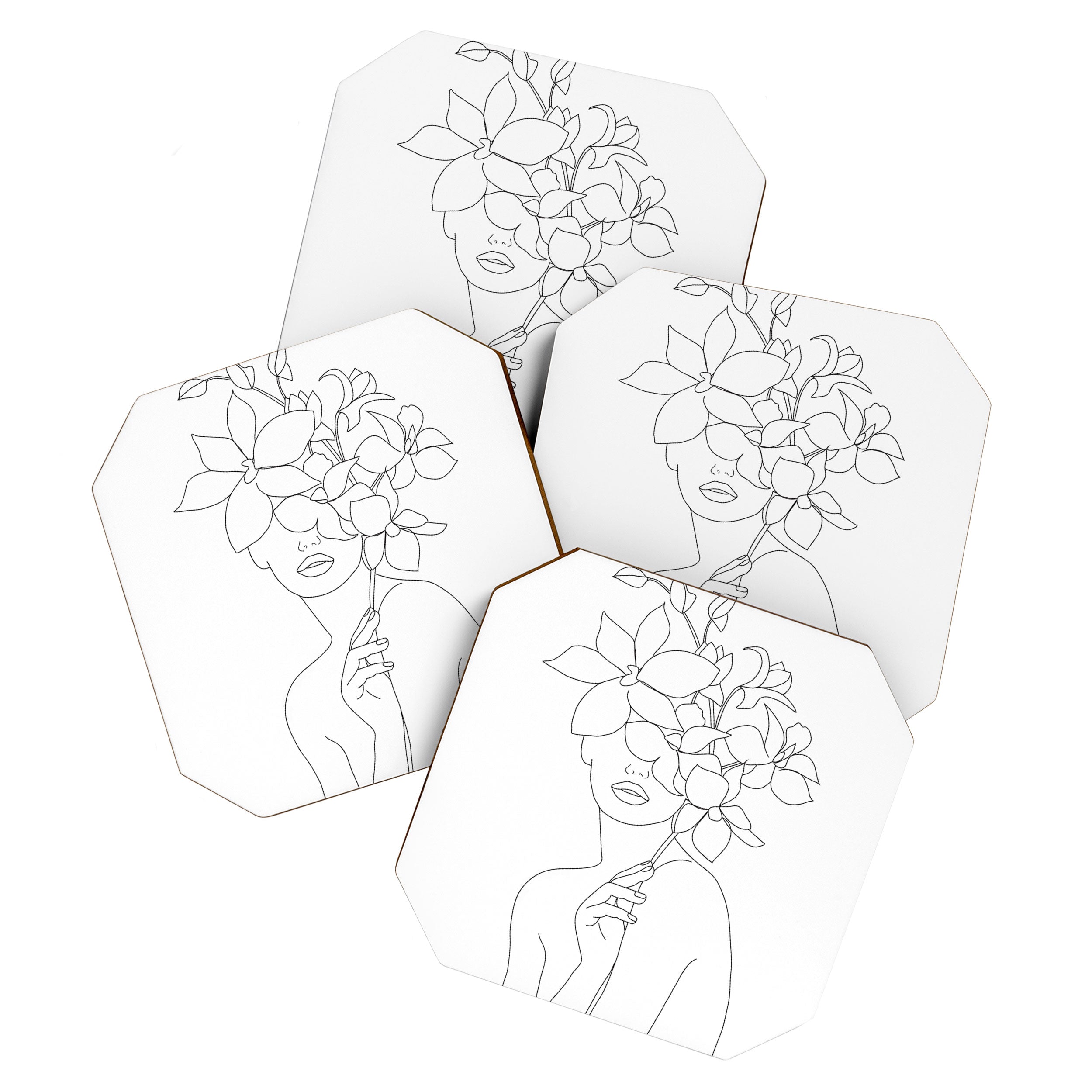 Minimal Line Art Woman with Orchids Coaster Gallery Image 1