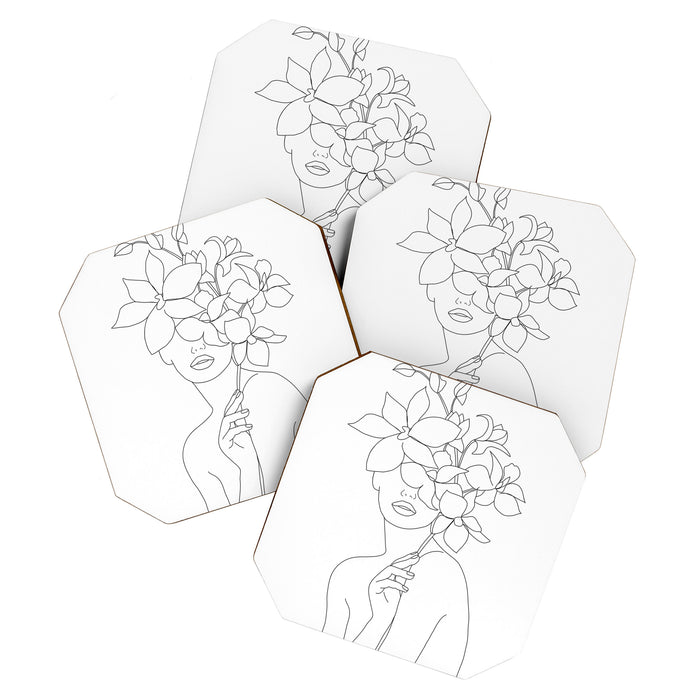 Minimal Line Art Woman with Orchids Coaster Gallery Image 1