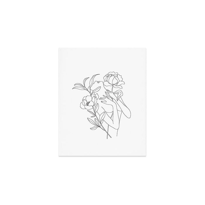 Minimal Line Art Woman with Peonies Art Print Gallery Image 1