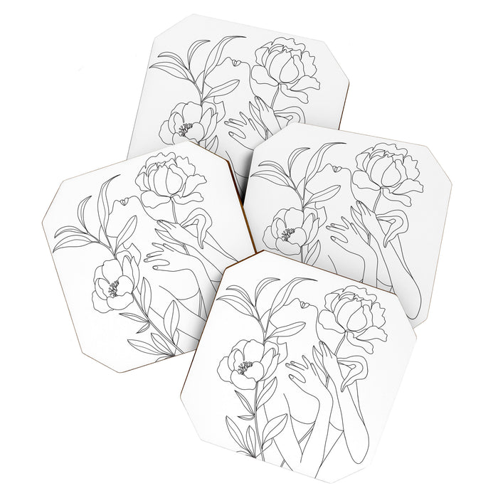 Minimal Line Art Woman with Peonies Coaster Gallery Image 1