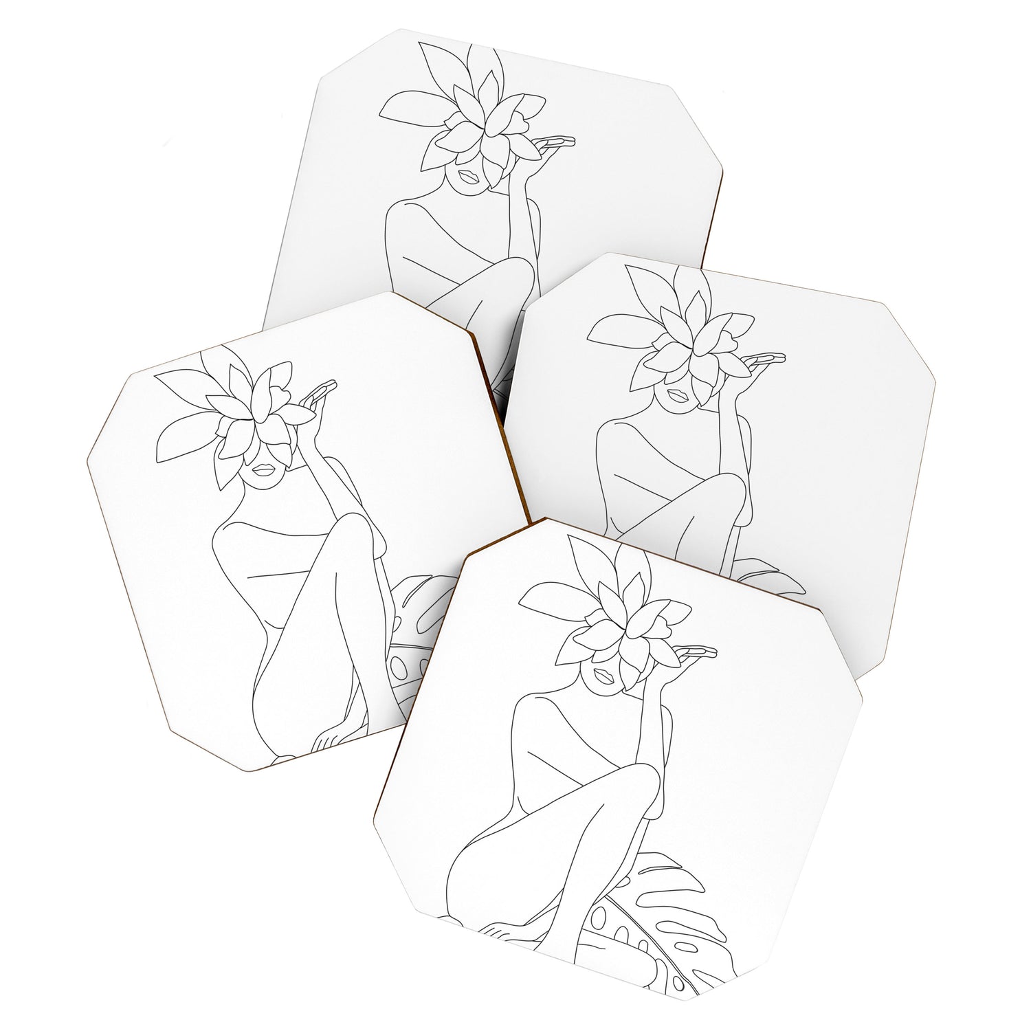 Minimal Line Art Woman with Tropical Leaves Coaster Gallery Image 1