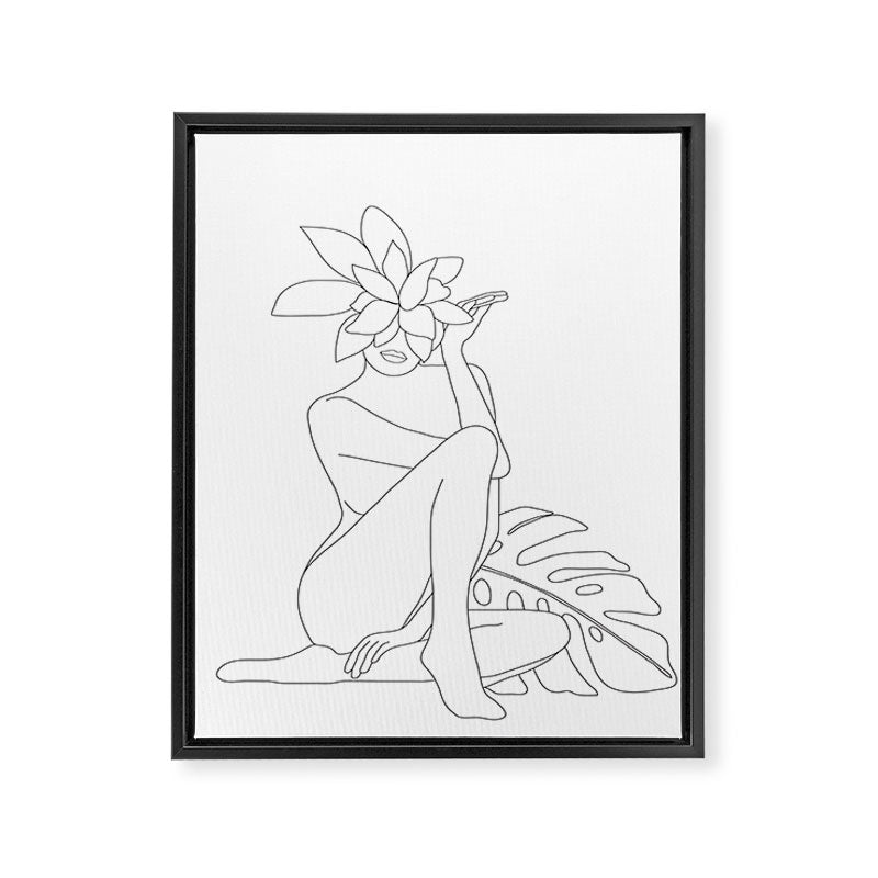Minimal Line Art Woman with Tropical Leaves Framed Canvas Print Gallery Image 6
