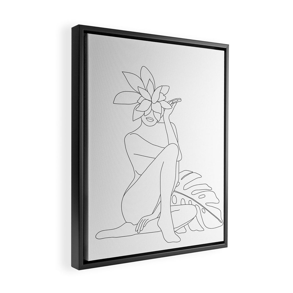 Minimal Line Art Woman with Tropical Leaves Framed Canvas Print Gallery Image 2