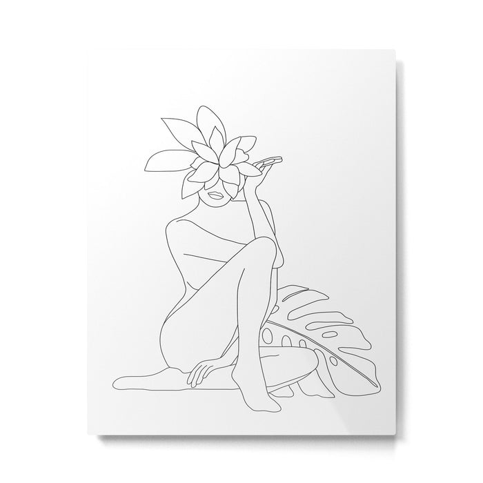 Minimal Line Art Woman with Tropical Leaves Metal Print Gallery Image 1