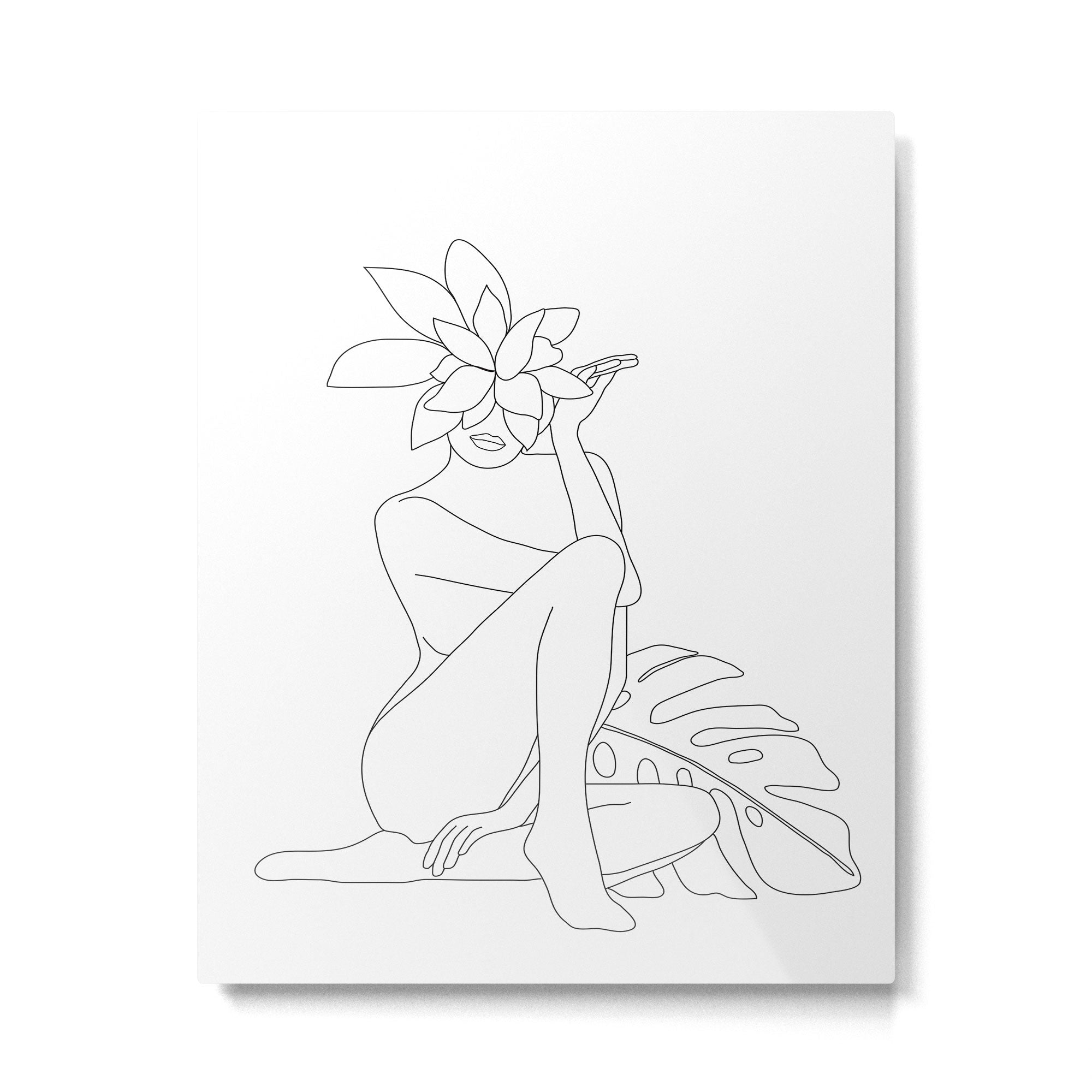 Minimal Line Art Woman with Tropical Leaves Metal Print Gallery Image 4