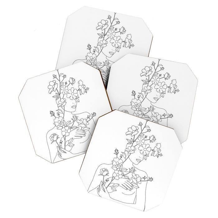 Minimal Line Art Woman with Wild Roses Coaster Gallery Image 1