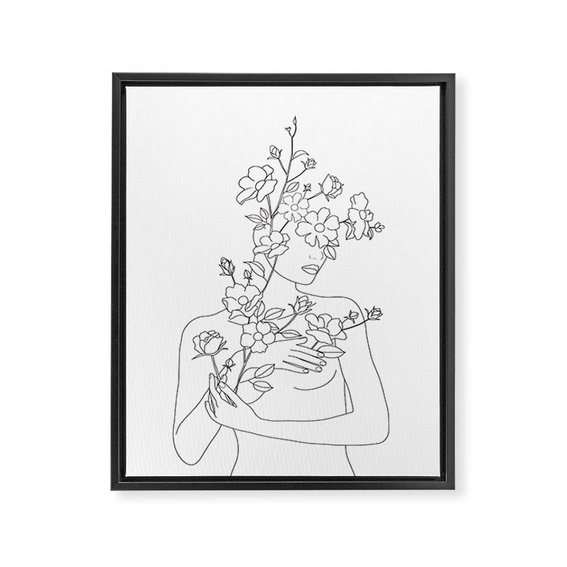 Minimal Line Art Woman with Wild Roses Framed Canvas Print Gallery Image 6
