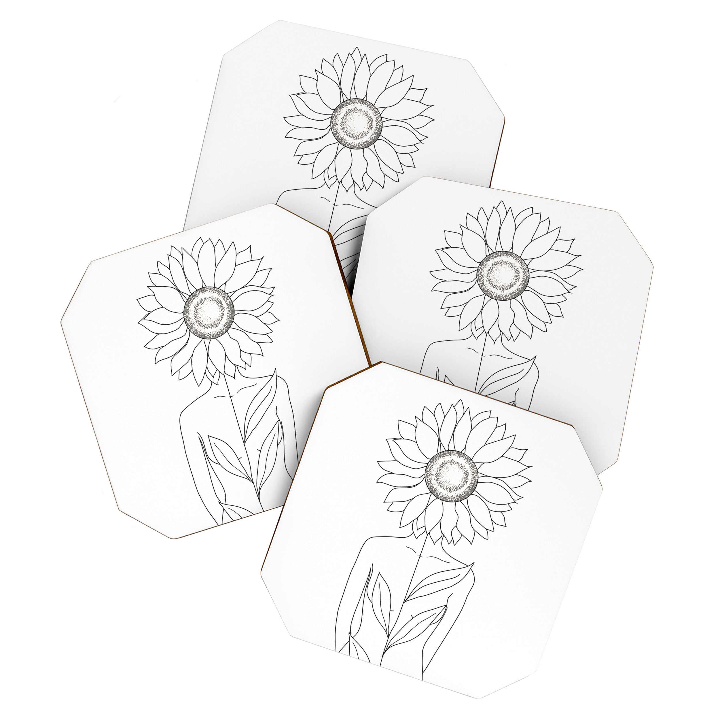 Minimalistic Line Art of Woman with Sunflower Coaster Gallery Image 1