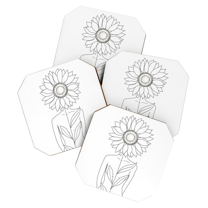 Minimalistic Line Art of Woman with Sunflower Coaster Gallery Image 1