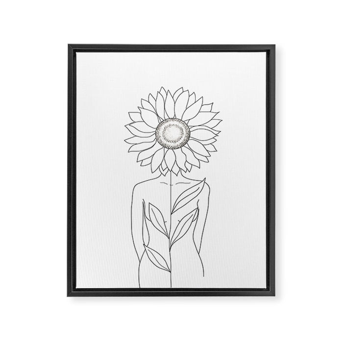 Minimalistic Line Art of Woman with Sunflower Framed Canvas Print Gallery Image 1