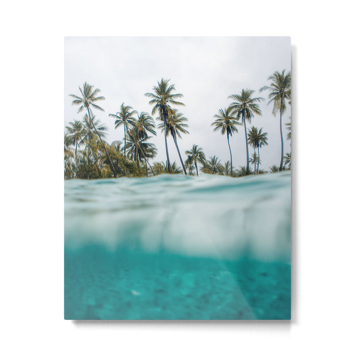 Split View Paradise - Ocean and Palm Tree Wall Art Metal Print Gallery Image 1