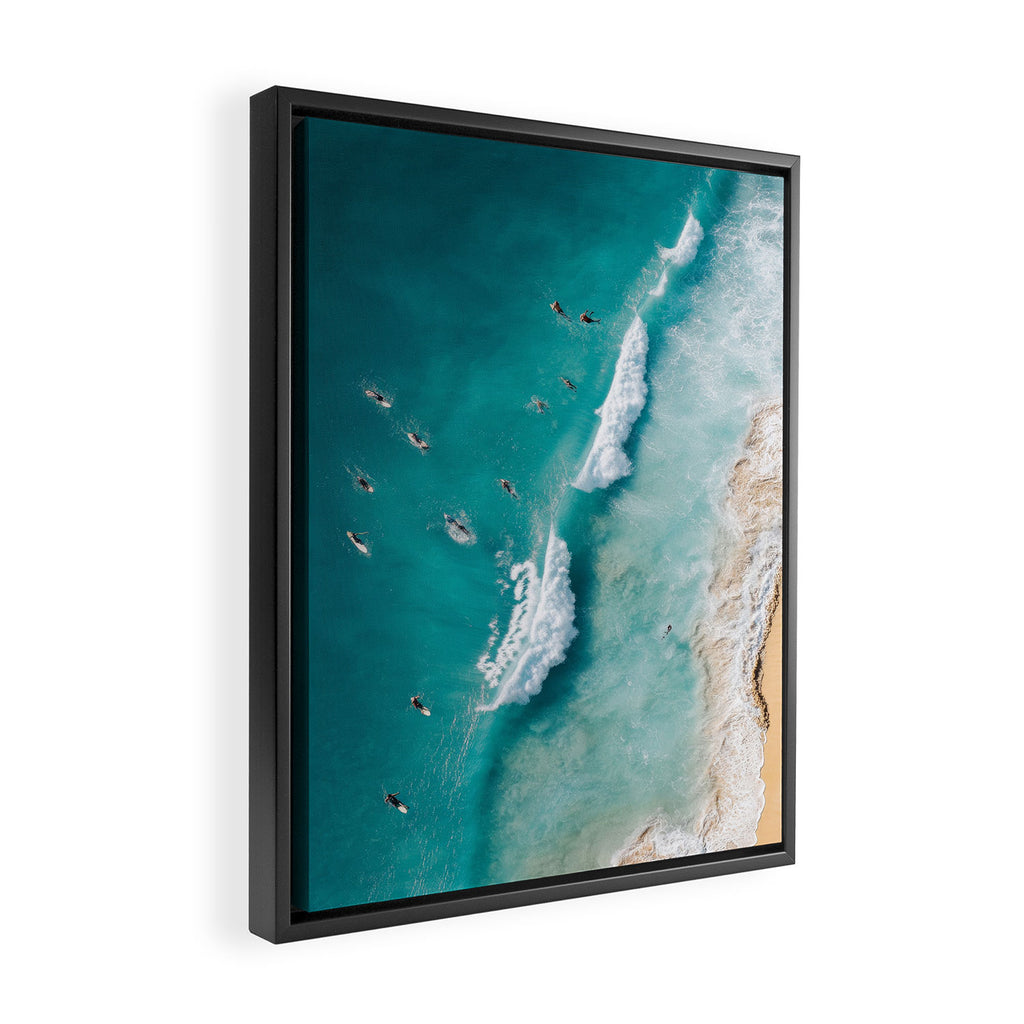 Surfers in Blue Waves Framed Canvas Print Gallery Image 2