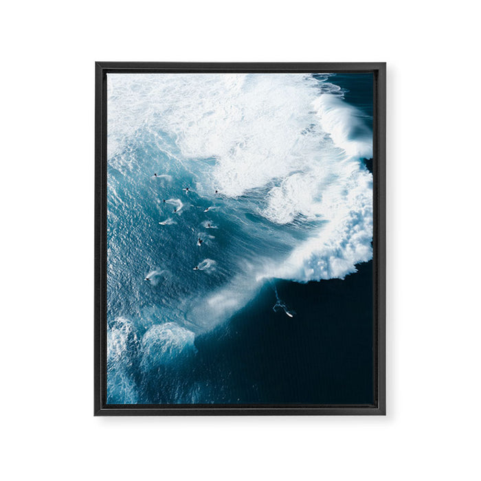 Surfers in Motion - Aerial Ocean Wave Photography Framed Canvas Print Gallery Image 1