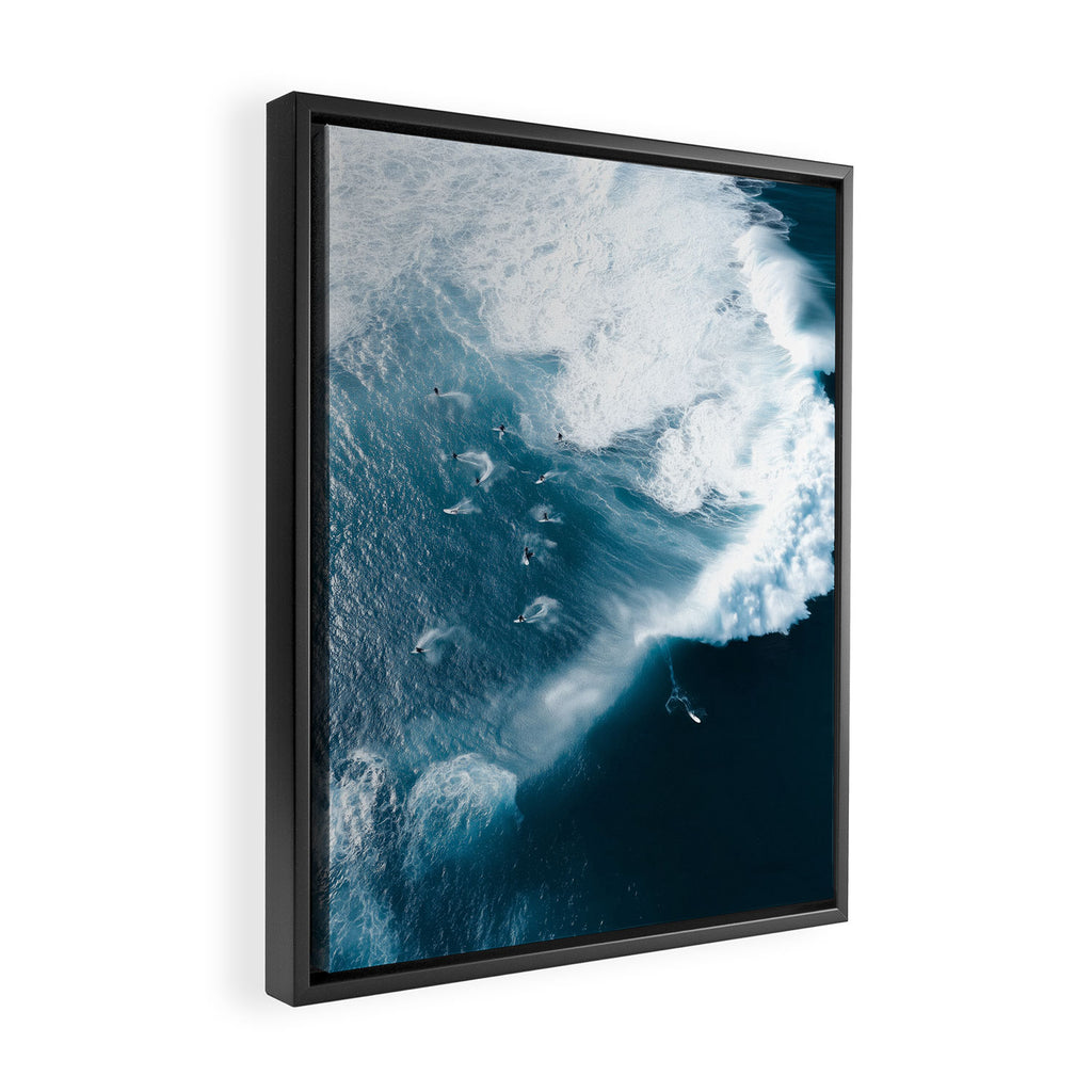 Surfers in Motion - Aerial Ocean Wave Photography Framed Canvas Print Gallery Image 2