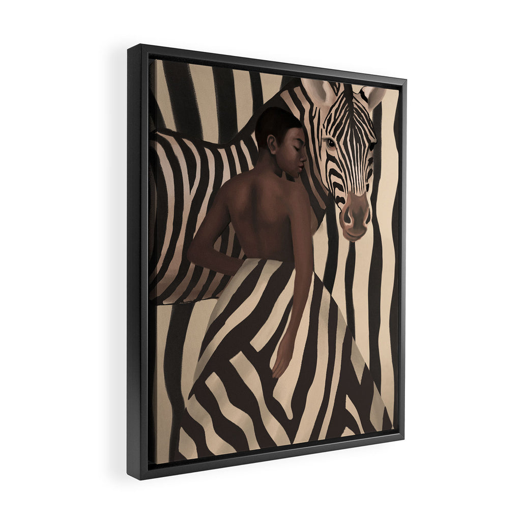 Woman and Zebra in Bold Stripes Framed Canvas Print Gallery Image 2