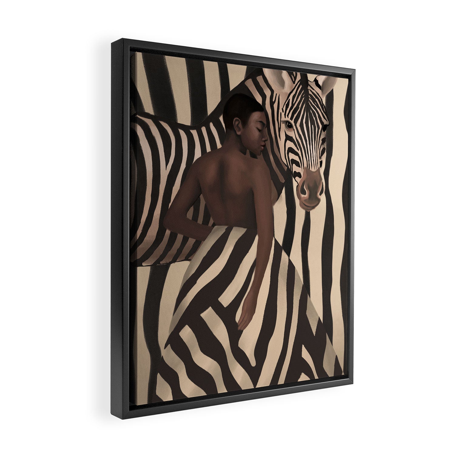 Woman and Zebra in Bold Stripes Framed Canvas Print Gallery Image 2