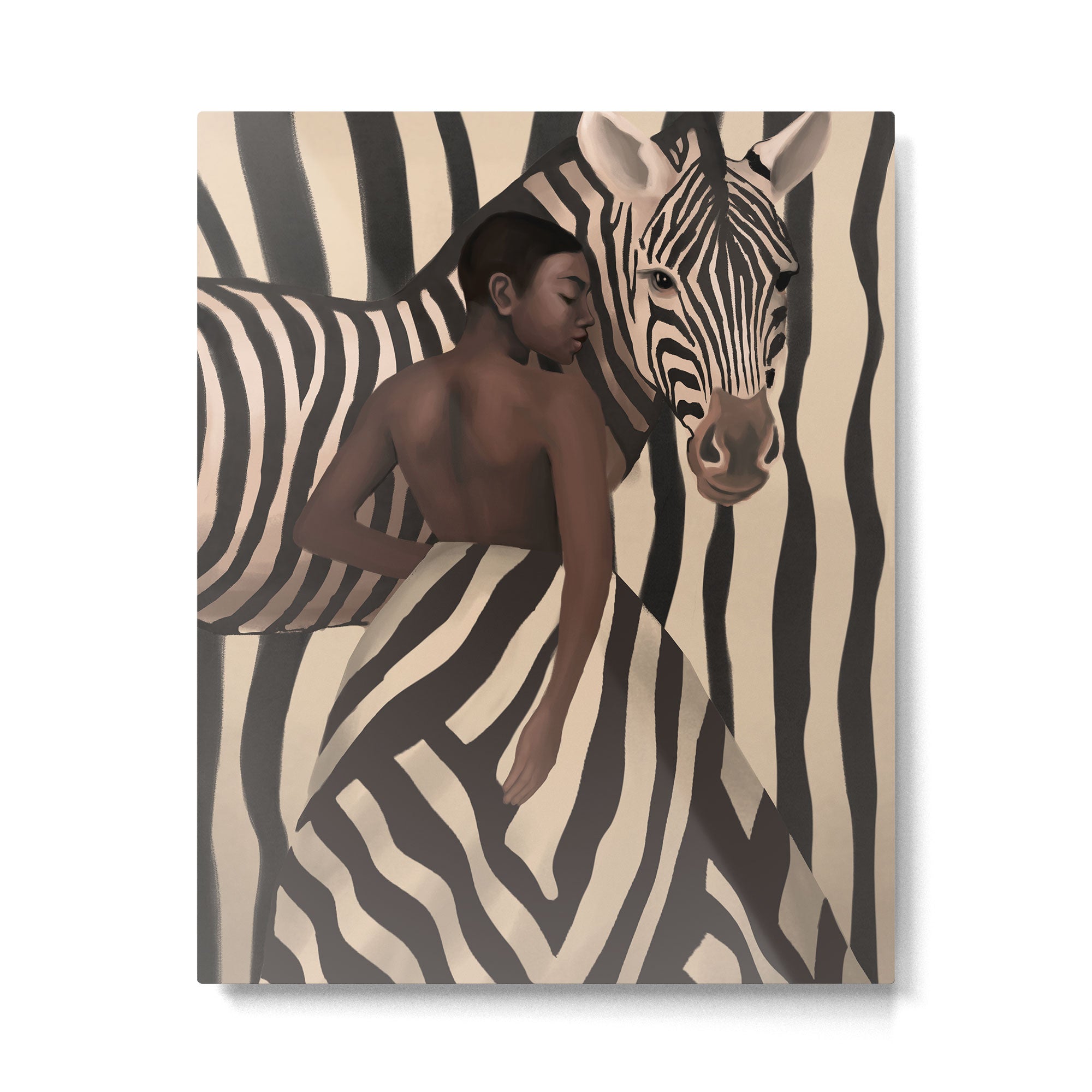 Woman and Zebra in Bold Stripes Metal Print Gallery Image 4