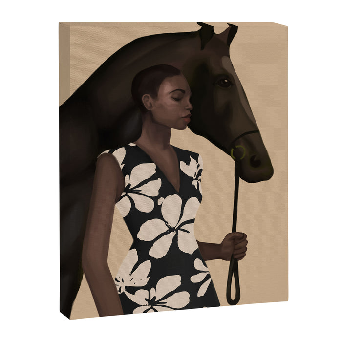 Woman in Bold Print with Black Horse Canvas Print Gallery Image 1