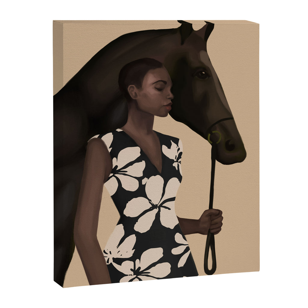 Woman in Bold Print with Black Horse Canvas Print Gallery Image 6