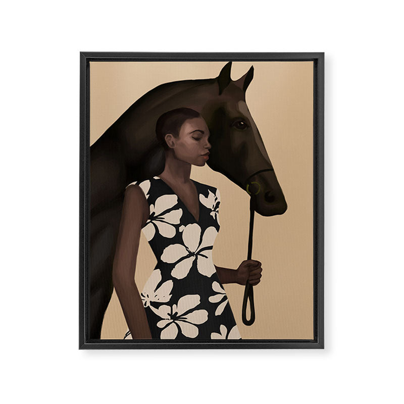 Woman in Bold Print with Black Horse Framed Canvas Print Gallery Image 6