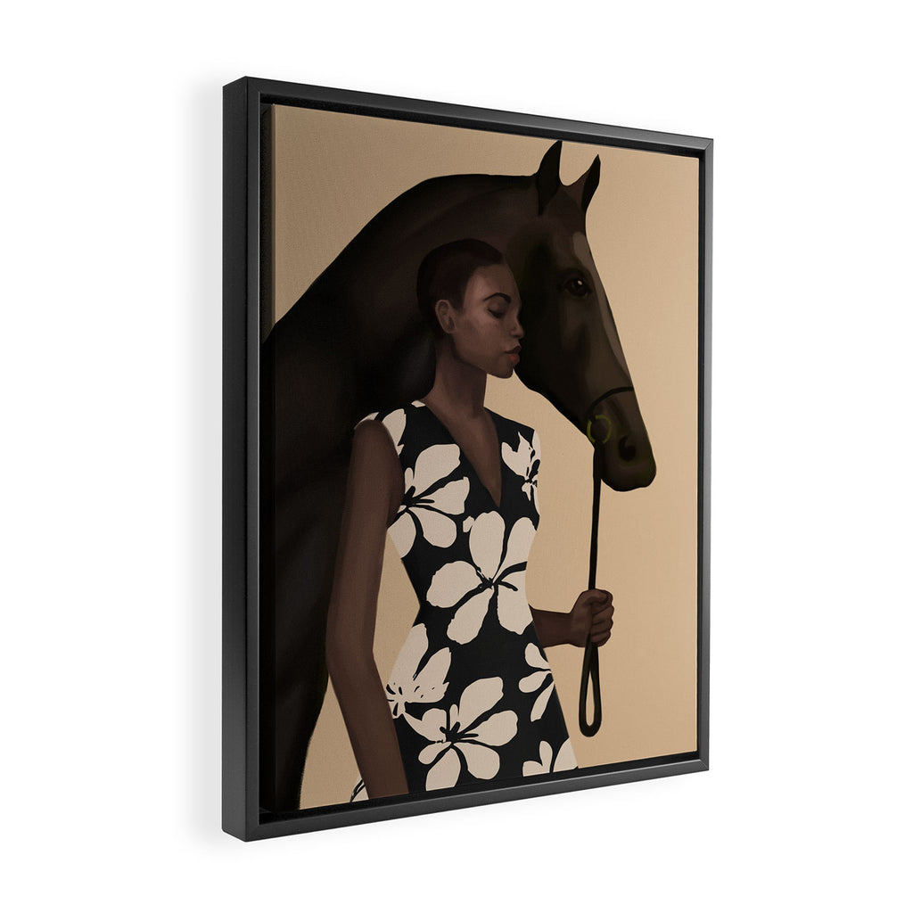 Woman in Bold Print with Black Horse Framed Canvas Print Gallery Image 2