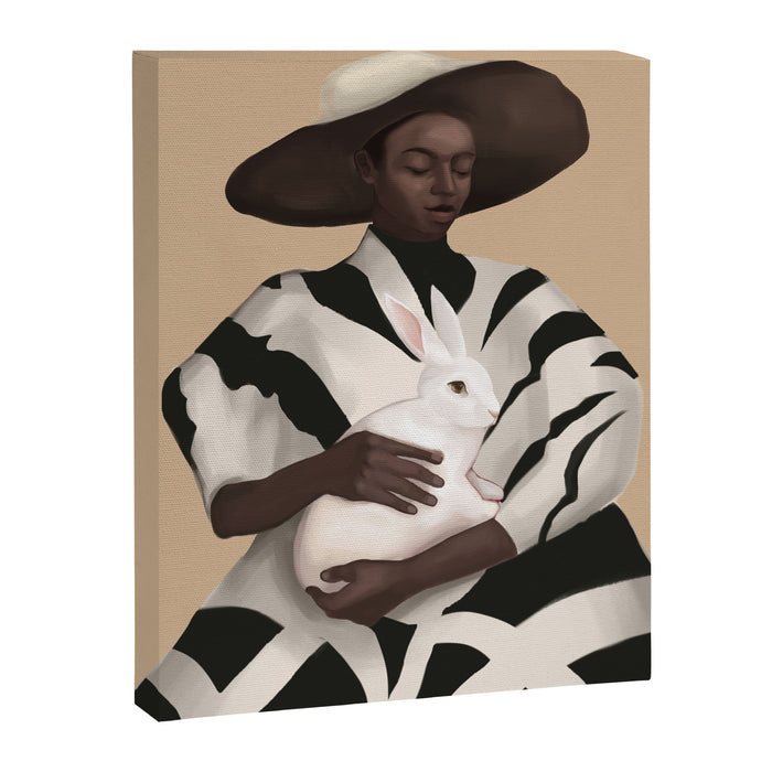 Woman in Stripes Holding a White Rabbit Canvas Print Gallery Image 1