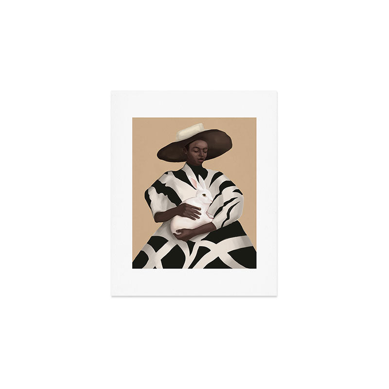 Woman in Stripes Holding a White Rabbit Art Print Gallery Image 1