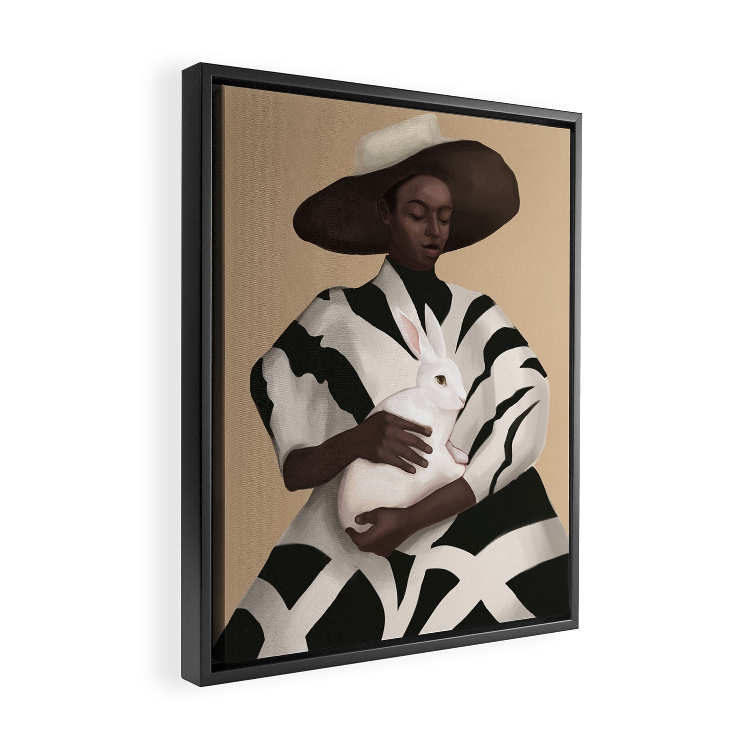 Woman in Stripes Holding a White Rabbit Framed Canvas Print Gallery Image 2